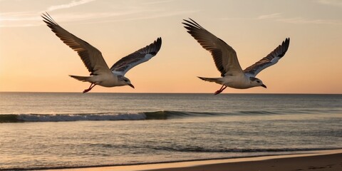 Wall Mural - A peaceful scene with two seagulls in mid-flight over a tranquil beach at sunset