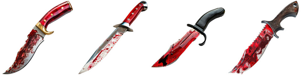 Wall Mural - Four knives with red handles and blood on them