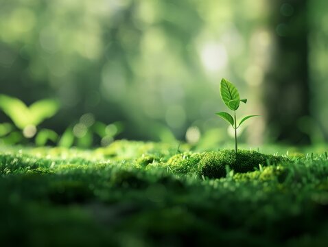 Medium shot of A single young plant sprouting from mossy soil, symbolizing new life and growth in the environment. ,a softly blurred background of natural greenery.