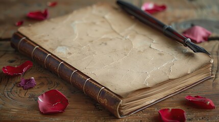 a high-resolution image of a blank journal page with a quill pen and scattered rose petals, perfect 