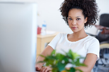 Poster - portrait, startup or african woman on computer for digital project development or problem solving. w