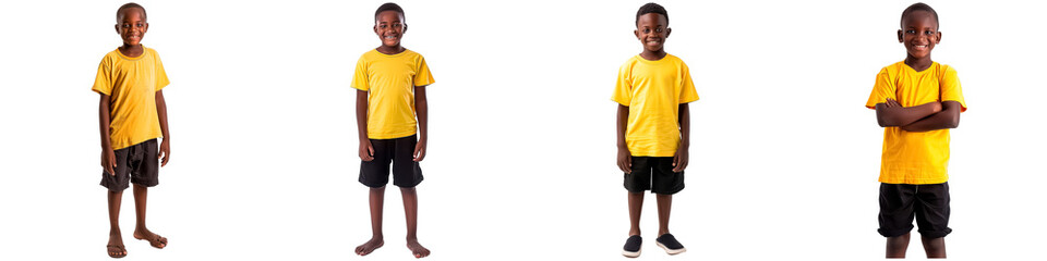 Wall Mural - Four children are standing in a row, all wearing yellow shirts and black shorts