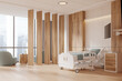 © ImageFlow - Wooden hospital room interior with bed, armchairs and panoramic window