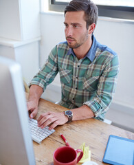 Poster - Startup, engineering or man on computer for information technology, problem solving and online firewall. Technician, cybersecurity update and web developer typing for troubleshooting and pc solution
