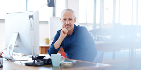 Aufkleber - Smile, portrait and mature businessman in office with computer working on online project. Happy, pride and male copywriter with research on desktop technology for editing report in workplace