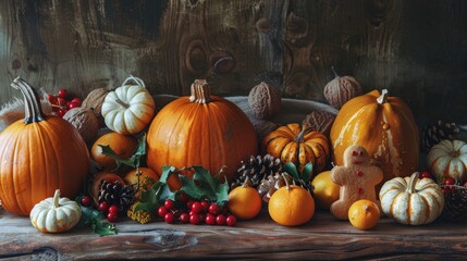 Canvas Print - Autumn harvest display with pumpkins fruits and gingerbread on wood surface