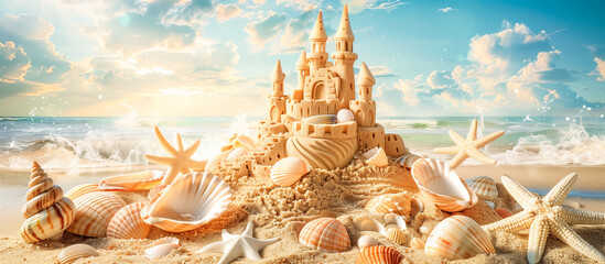 Wall Mural - sandcastle surrounded by seashells and starfish on a sunny beach perfect summer day