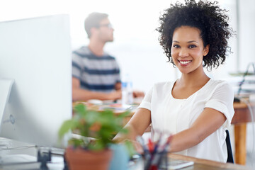 Canvas Print - Portrait, web design or happy African woman on computer for digital project development or problem solving. Smile, designer or person reading solution on technology in creative startup or business