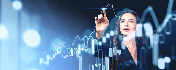 Poster - Woman finger touch forex diagrams and stock market candlesticks