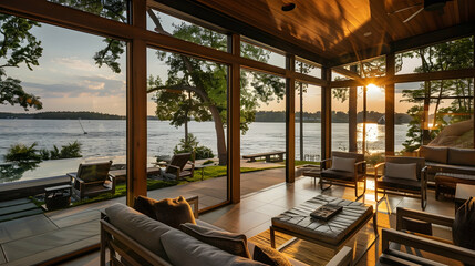 Modern Living Room with Sunset View - Photo