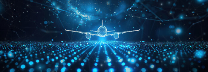 A digital representation of an airplane flies across a network of data points, creating a sense of speed and technological advancement