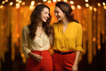 Wall Mural - two stylish women in colorful tops and dress