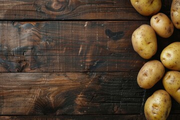 Raw potatoes on wooden surface. Top view background for text.