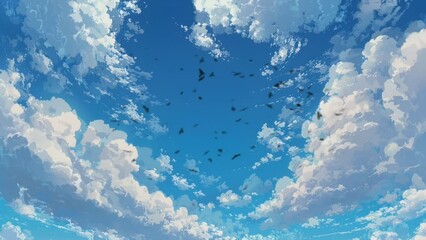 Wall Mural - vibrant blue sky adorned with fluffy white clouds, creating a dynamic and expansive atmosphere anime