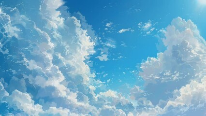 Wall Mural - vibrant blue sky adorned with fluffy white clouds, creating a dynamic and expansive atmosphere anime