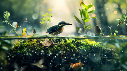 Wall Mural - Illustration of Birds in a Forest with a Water Surface