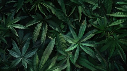 Poster - Wallpaper with a background of marijuana leaves hemp leaves in outdoor setting