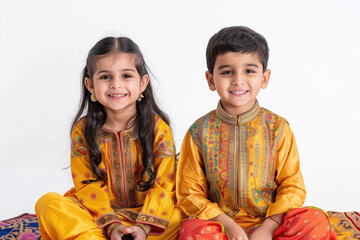 Canvas Print - Indian sibling in traditional wear on white background
