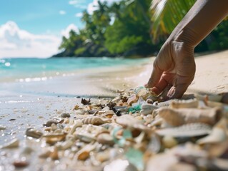 Wall Mural - Medium shot of Close up of a hand picking up a plastic waste from a beach with trash on the ground, themed background