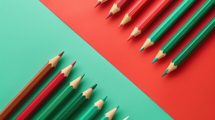 Wall Mural - Minimal concept of red and green pencils on matching background from above