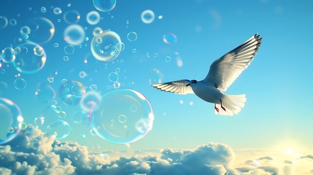 A beautiful bird flying through a cloud of soap bubbles in a clear blue sky, creating a whimsical scene.