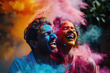 Happy indian couple applying color to each other on face and celebrate holi