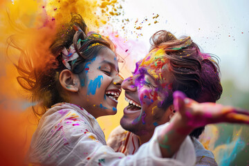 Sticker - Happy indian couple applying color to each other on face and celebrate holi