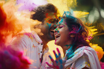 Sticker - Happy indian couple applying color to each other on face and celebrate holi