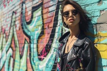 Poster - A woman wearing a black leather jacket leans against a graffiti-covered wall, her windblown hair framing her face as she gazes directly at the camera