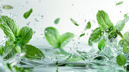 Wall Mural - Hovering Mint Leaves Centered on White Background