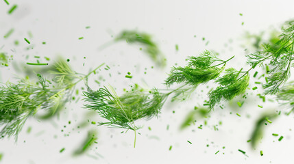 Wall Mural - Fresh Dill Herb Floating in Air on White Background