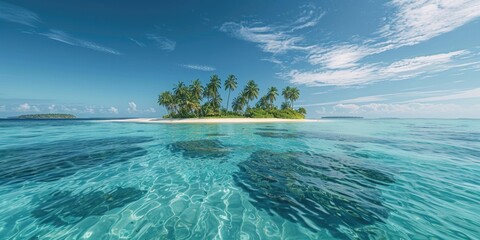 Wall Mural - A small island surrounded by water with palm trees and a beach, suitable for travel or adventure themes