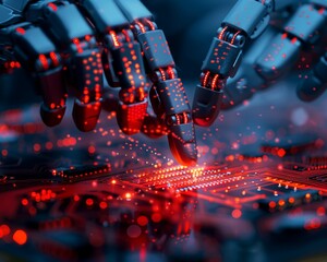Poster - Close-up of robot hands working on a glowing red circuit board, representing futuristic technology and AI-powered innovation.