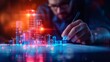 © Narongsak - Man designing futuristic city model with neon lights, focusing on architecture and technology, representing innovation and modern urban planning.