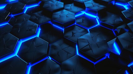 Abstract blue glowing hexagons on hard-edge shaped canvas with layered surfaces, realistic lighting, commission.