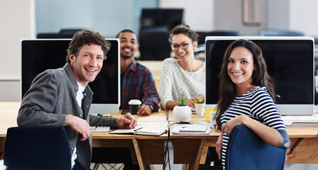 Aufkleber - Computer, design and web development with portrait of employee team in office together for creative career. Company, desk or smile with happy staff people in artistic business for project management