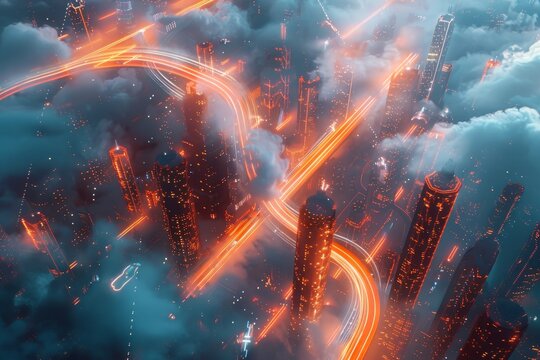 An aerial perspective of a digital abstract landscape resembling a futuristic city with illuminated highways and clouds