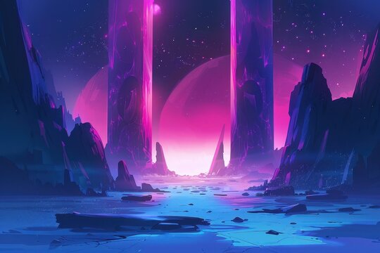 Alien Landscape with Two Glowing Towers