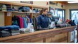 © spyrakot - Friendly Staff Ready to Assist at Dry Cleaning Shop with Neatly Arranged Garments in Background
