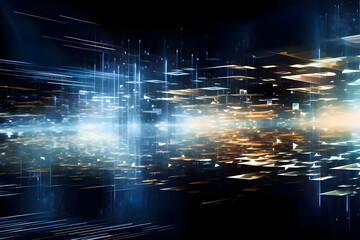 Digital abstract background encompasses technological operations, neural networks,  data transmission, encryption, digital archives, audio and visual representations,   scientific research.