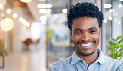 Poster - Creative, black man and smile with portrait in office of design agency for work in graphic designer and professional. Male employee, worker and pride for career, space and confident in workspace.