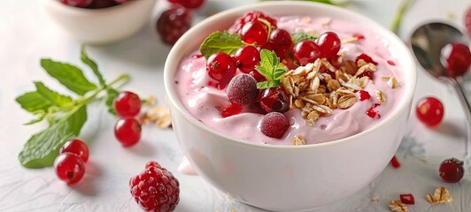 Wall Mural - Berry-fruit yogurt and fresh ingredients on a white table, close-up