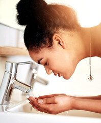 Sticker - Washing face, sink and woman in bathroom, skincare and water with bacteria treatment, tap and clear skin. Person, home and girl with wellness, grooming routine and dermatology with hygiene and habit