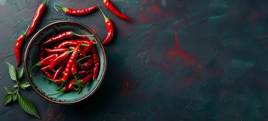 bowl of red chili peppers, top view, vertical. on a dark background