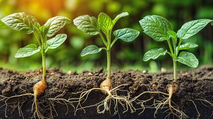 A close-up view of three young green seedlings growing in soil, showcasing their exposed root systems