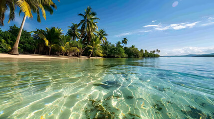 Wall Mural - Tropical Paradise Beach Photo with Clear Blue Water and Lush Palm Trees