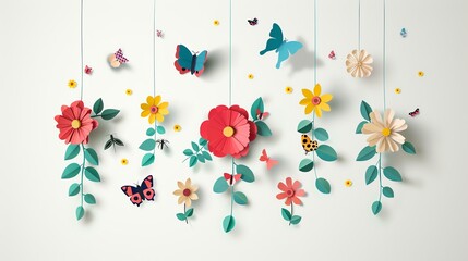 Wall Mural - Paper flowers and butterflies hanging from strings against a white background.