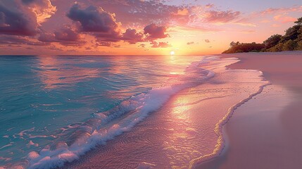 Calm Beach at Sunset with White Sand