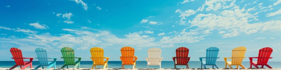 Colorful beach chairs under the sunny sky, blue sky, white clouds, summer vacation, holiday vacation, seaside, leisure time, weekend, vacation, graduation season, travel, retirement life, enjoy life, 