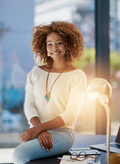 Poster - Confident, portrait and black woman with laptop, office and notes for copywriting, smile and digital. Author, employee and notebook for person, proud and technology for research of website and online
